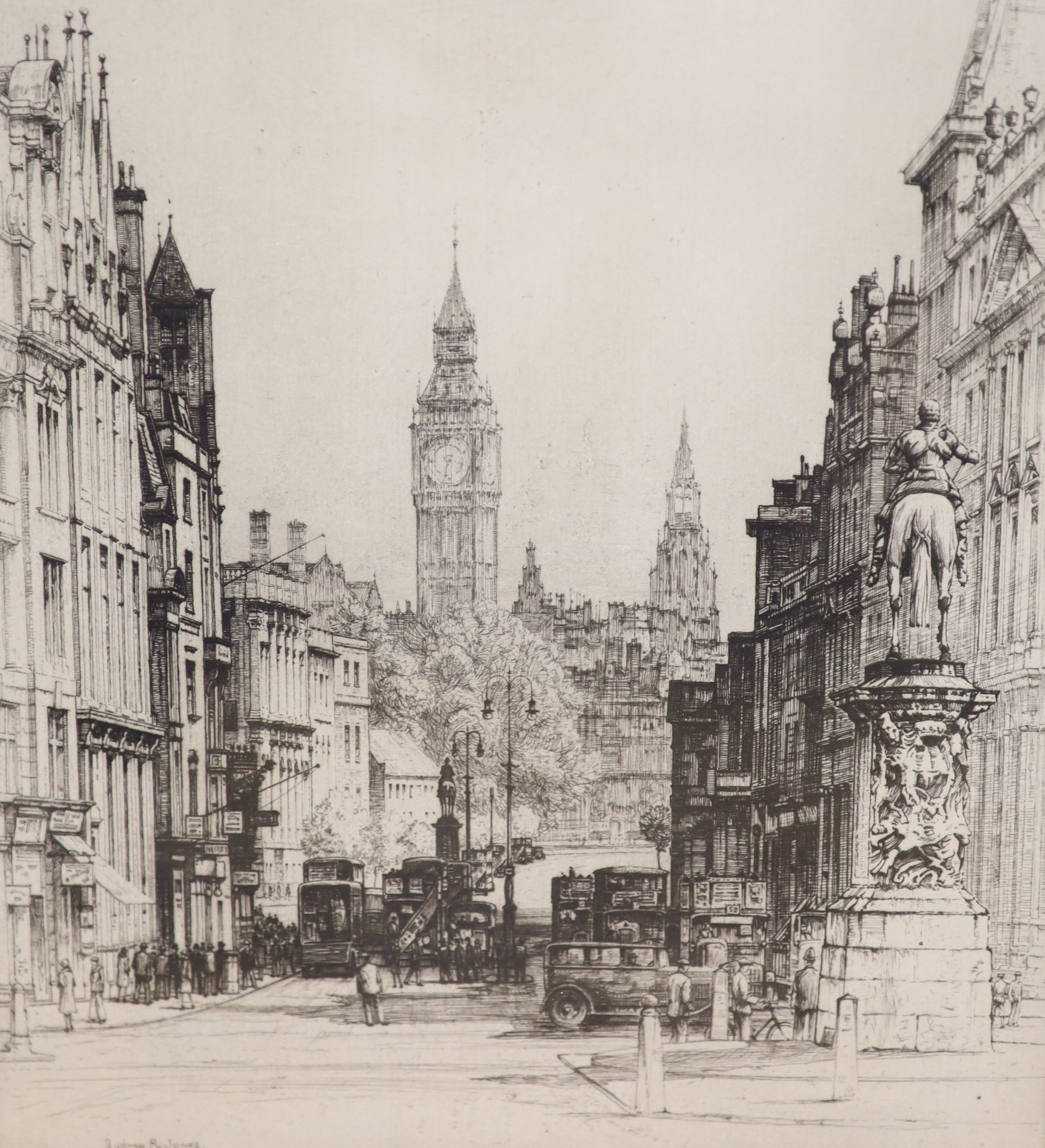 Two framed etchings 1920's of London by George Malcolm Patterson (1873-1941) and Sydney R Jones (1881-1966), largest 25 x 22cm.